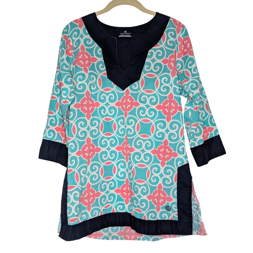 Simply Southern Collection Tunic Top Pink Aqua Navy‎ Blue Medallion Print Medium